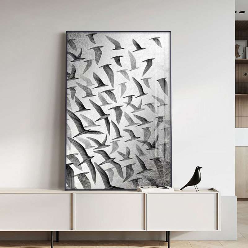 现代黑白艺术群鸟飞翔挂画客厅装饰画玄关墙面画书房大气北欧壁画图片