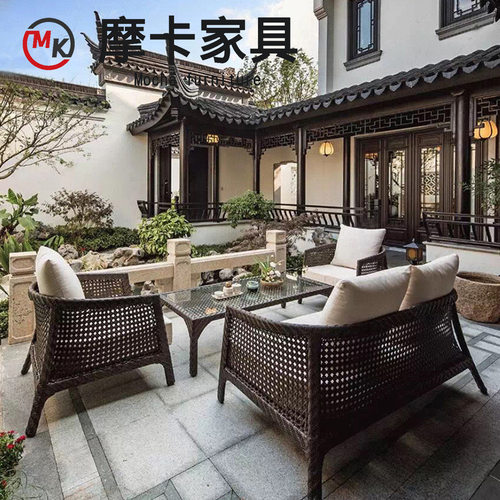 户外沙发椅庭院别墅露天花园商业街阳台休闲三件套组合藤编沙发椅