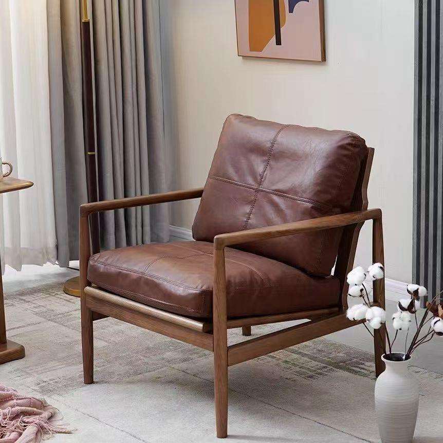 汉克椅月辉沙发椅实木真皮中古风北欧设计高级复古现代轻奢书房椅