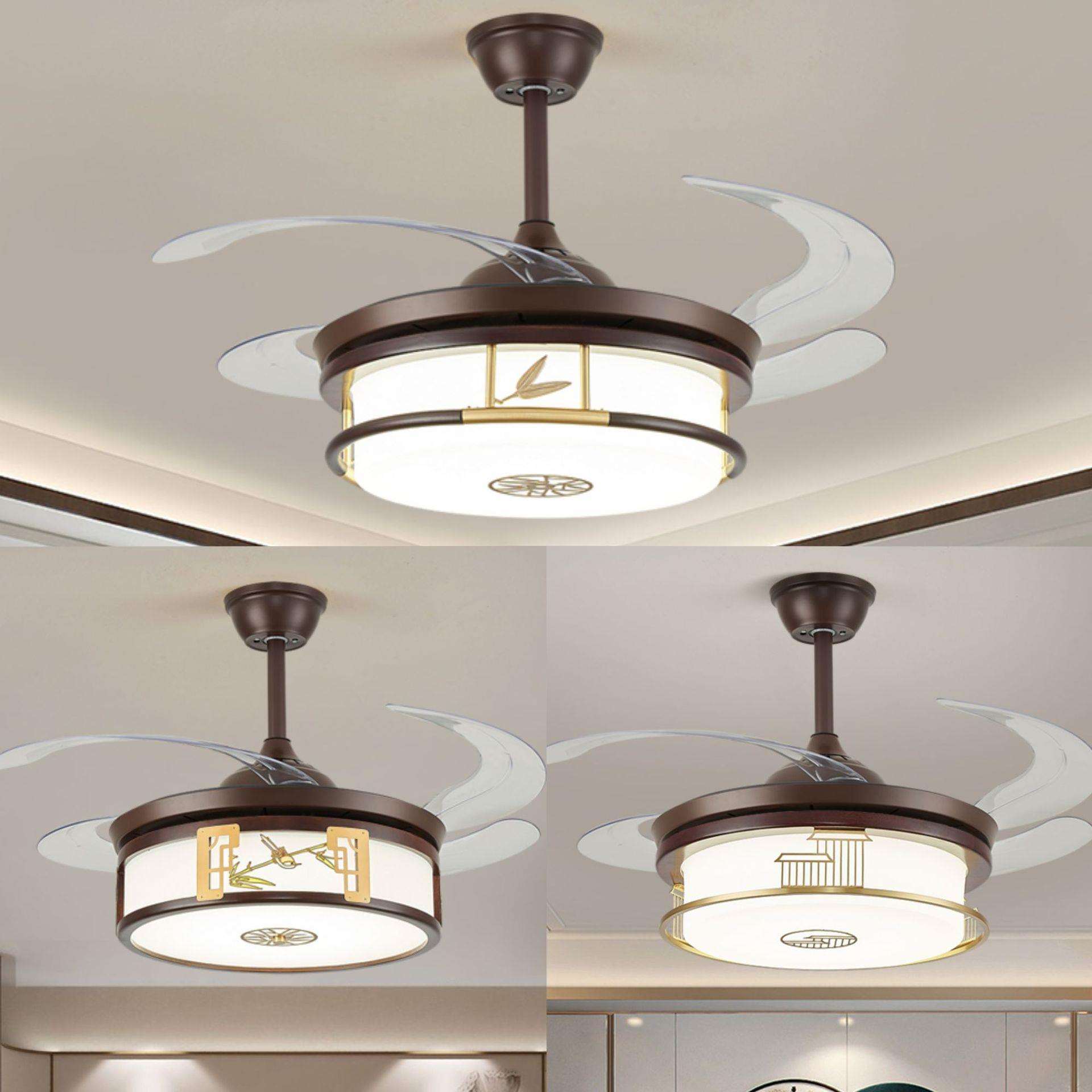 新中式风扇吊灯全铜智能隐形吊扇灯黑胡桃木家用一体