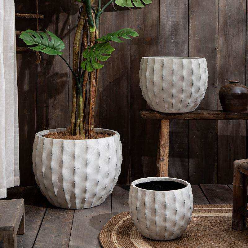 仙人掌造型镁泥大口径花盆仿古白色落地大花器摆件孟加拉树琴叶榕