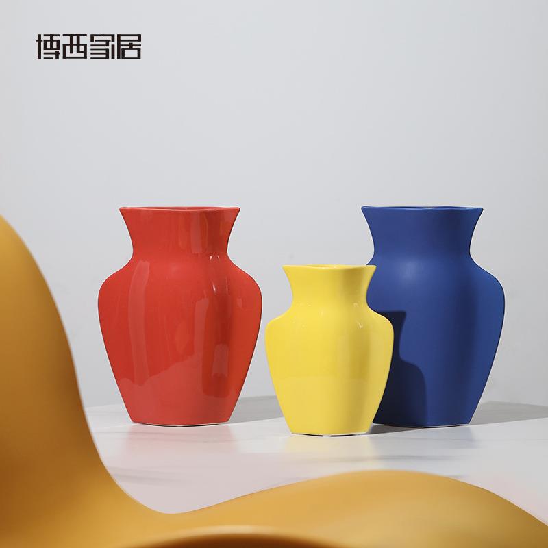 博西家居创意彩色亮面扁形水培陶瓷花瓶高档家居软装饰品花器