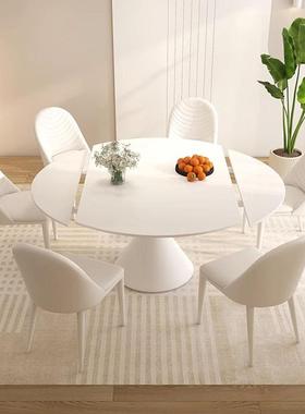 奶油风纯白色哑光岩板餐桌现代简约小户型家用伸缩旋转吃饭桌子新