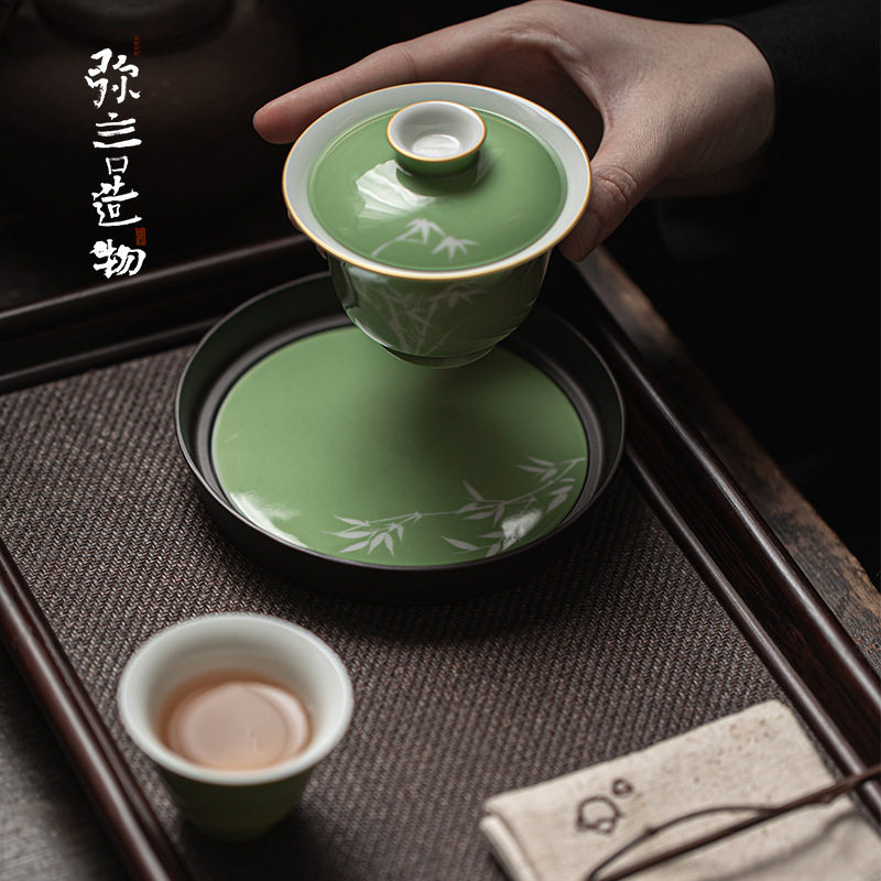 弥言复古老铁壶承陶瓷手绘留白竹影家用小茶台日式干泡盘茶道配件