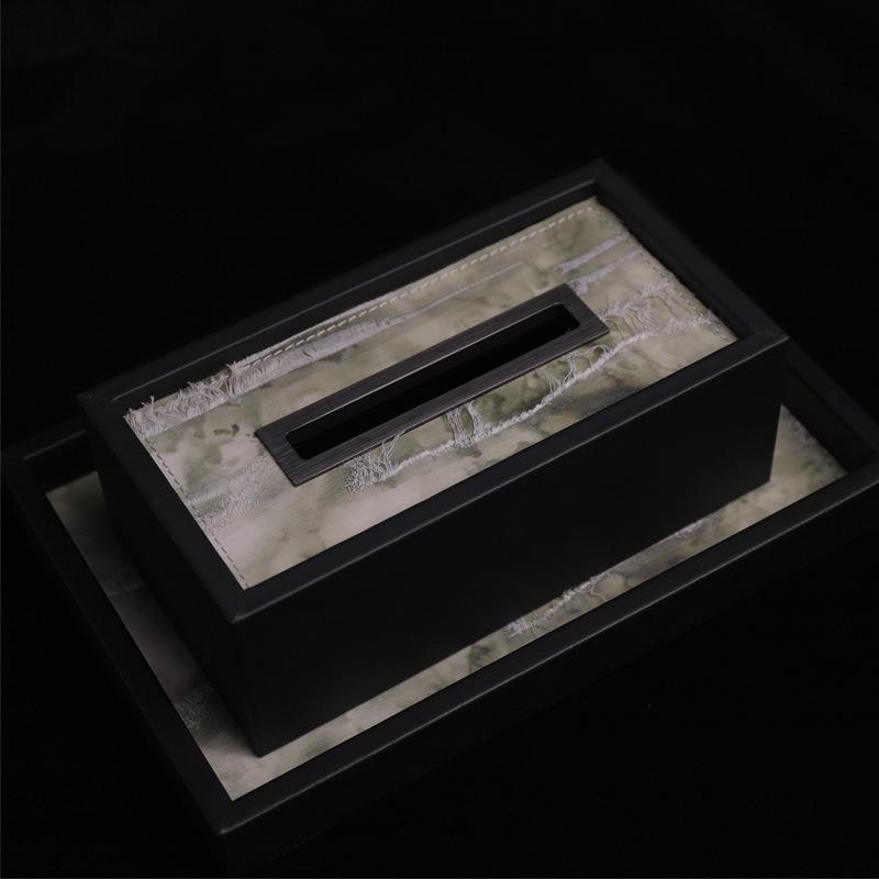 现代简约黑色皮革肌理纸巾盒客厅卧室茶几桌面装饰抽纸盒