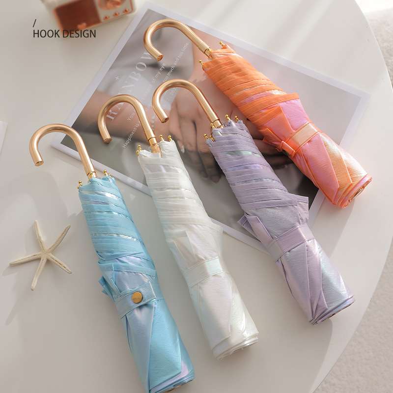 幻彩极光弯钩三折伞超薄150克超轻伞彩虹色精致女神便携折叠雨伞