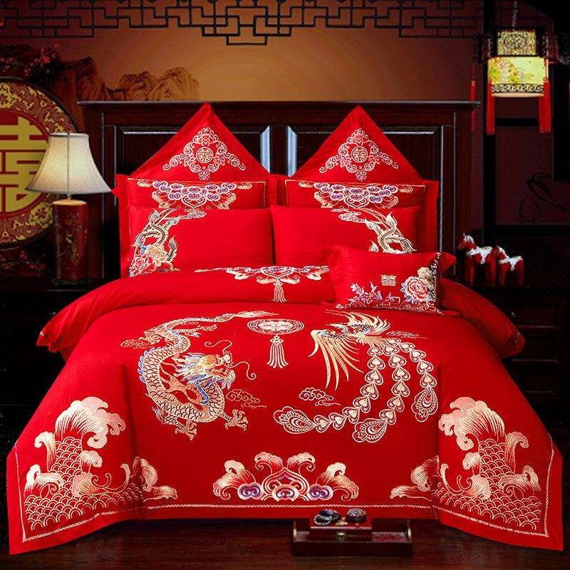 新款40S绣花全棉红色结婚床上用品床品婚庆四件套六件套厂
