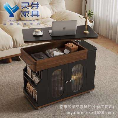 法式复古边几可升降旋转移动多功能小边柜客厅实木移动茶几小推车