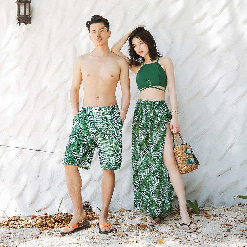 新款情侣泳衣分体三件套遮肚显瘦裤裙宽松保守防晒度假休闲泳装