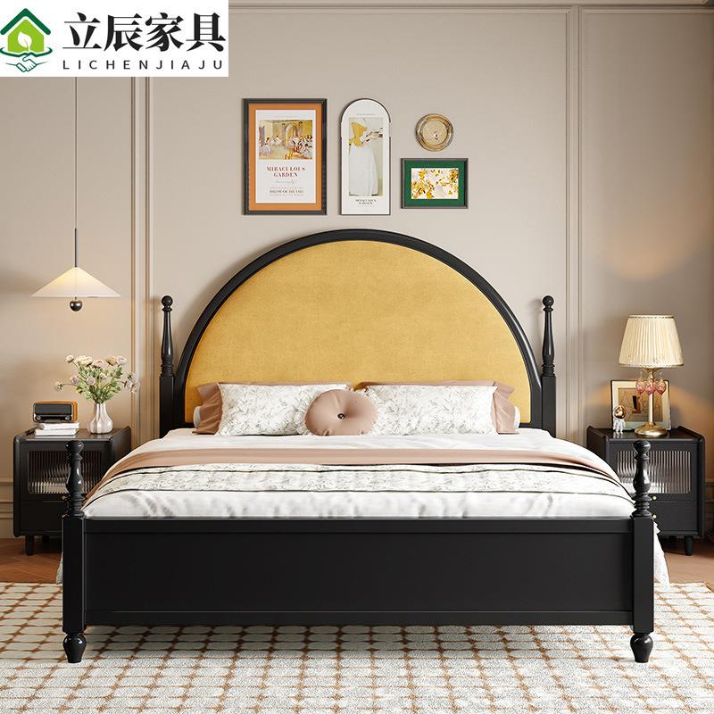 美式乡村复古风实木床1米8双人床1米5主卧法式婚床民宿藤编床黑色