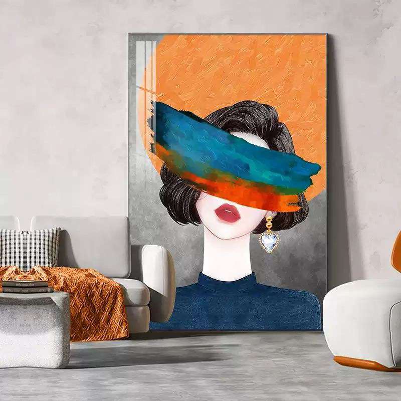 轻奢现代晶瓷镶钻装饰画炫彩靓丽人物玄关挂画蒙眼美女客厅落地画图片