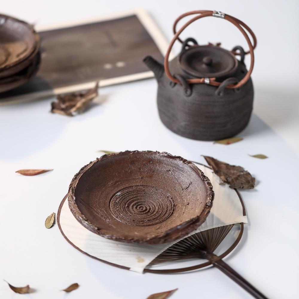 道言手工粗陶砂茶承家用日式粗陶单层干泡壶承蓄水圆盘复古茶壶垫