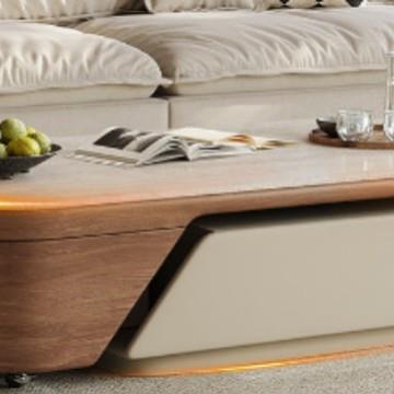 岩板中古风胡桃木茶几客厅家用小户型轻奢高级感极简奶油风