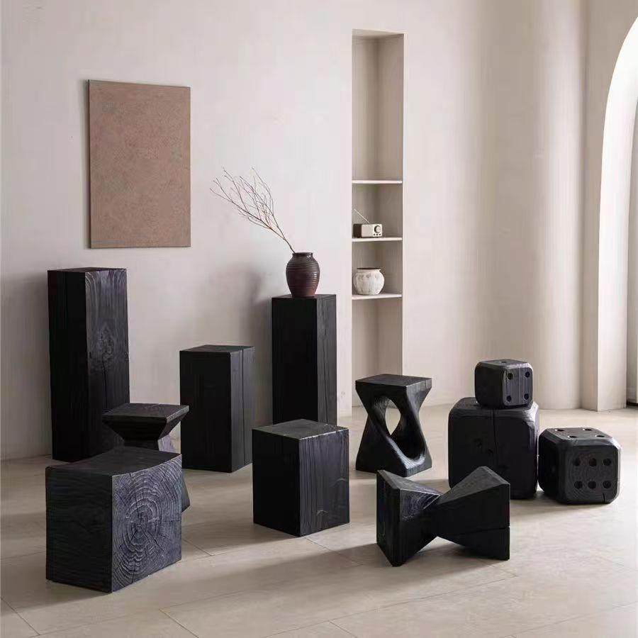 北欧圆形方形坐凳花架原木树桩茶几复古自然实木底座摆件木墩碳化