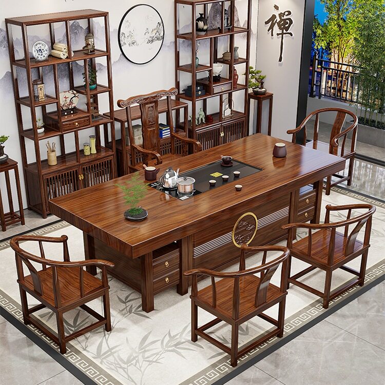 实木大板茶桌椅组合一桌五椅新中式家用茶几办公室茶台茶具一整套