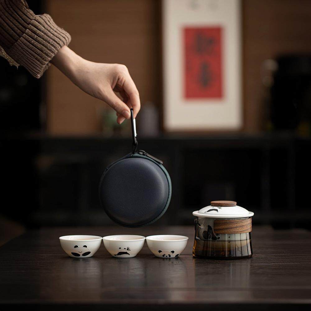 手绘熊猫玻璃旅行茶具套装便携式随身户外陶瓷快客杯一壶三杯小套