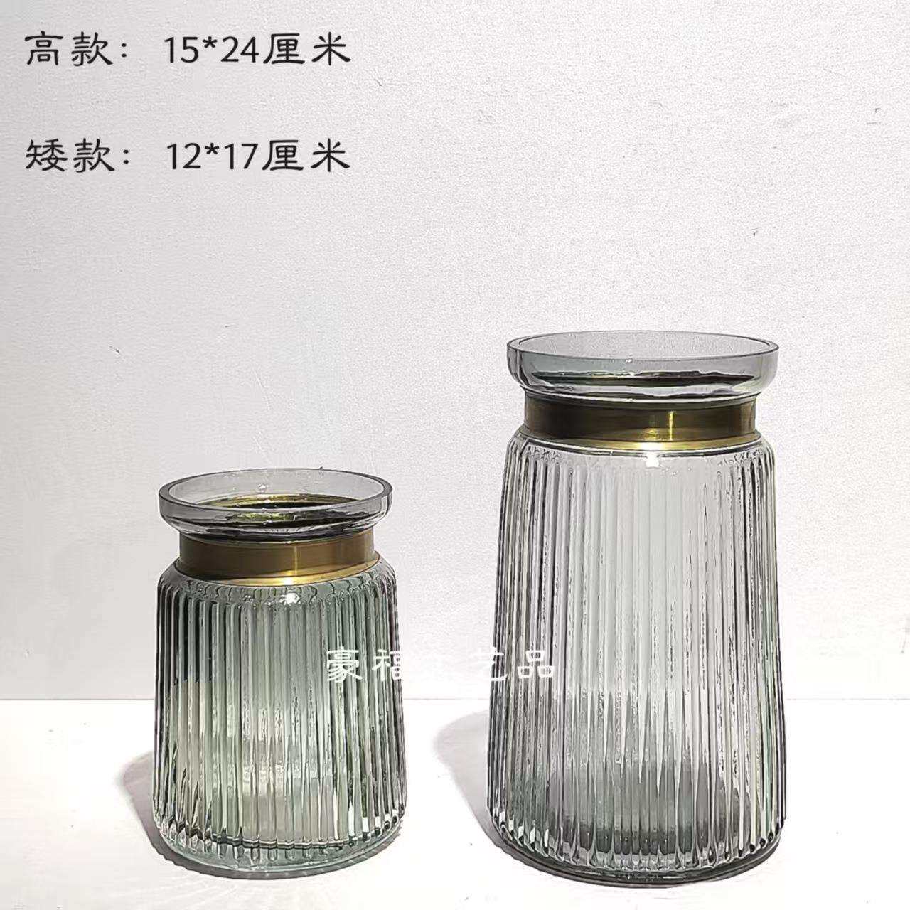 轻奢现代简约带铜圈玻璃花瓶家居样板间餐厅桌面插花装饰摆件