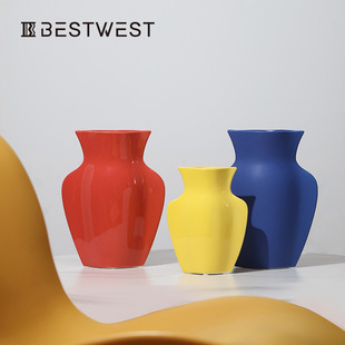 饰品花器 高档家居软装 博西家居 创意彩色亮面扁形水培陶瓷花瓶