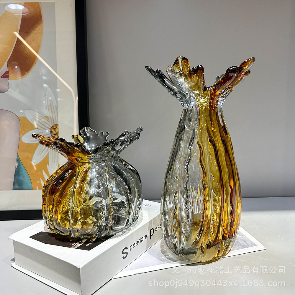 现代轻奢双拼色手工琉璃花瓶家居艺术冰川纹摆件样板间高级插花器