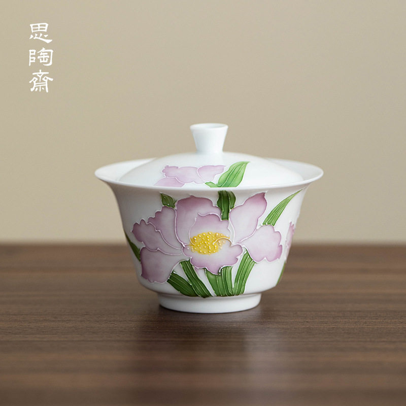 思陶斋手绘堆雕鸢尾花马蹄盖碗现代小清新家用陶瓷单个茶碗泡茶碗