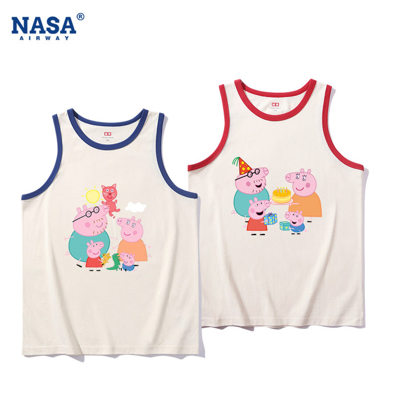 NASA联名小猪佩奇乔治一家四口儿童亲子装吊带男女纯棉背心T恤夏