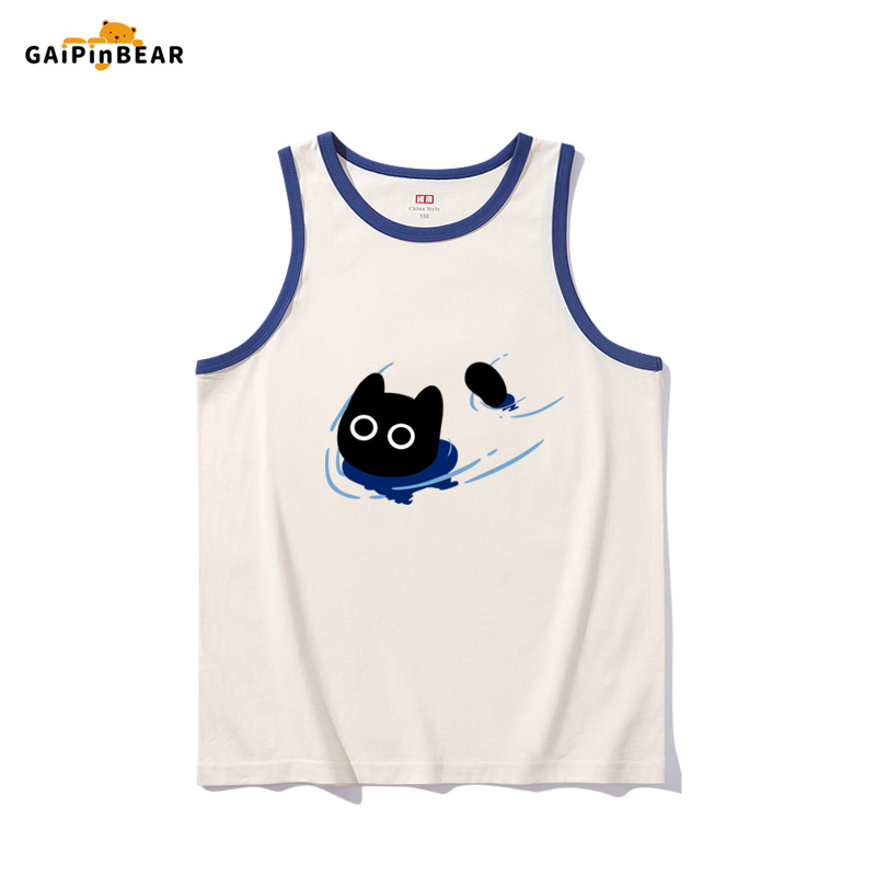 游泳小黑猫卡通趣味图案儿童纯棉吊带背心男女生无袖T恤夏季上衣