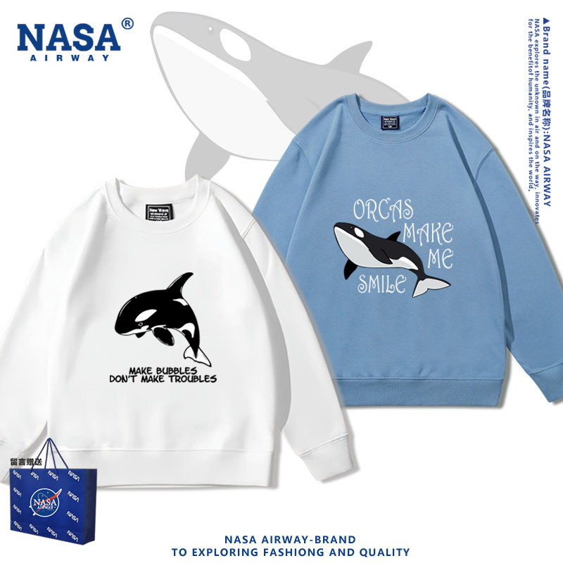 NASA联名胖揍虎鲸鲨鱼海洋街溜子卡通图案圆领卫衣男女上衣春秋款