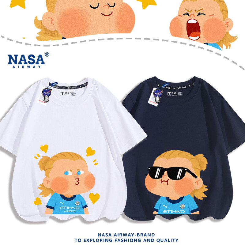 NASA联名哈兰德Q版表情包卡通印花图案男女纯棉短袖T恤夏上衣新款
