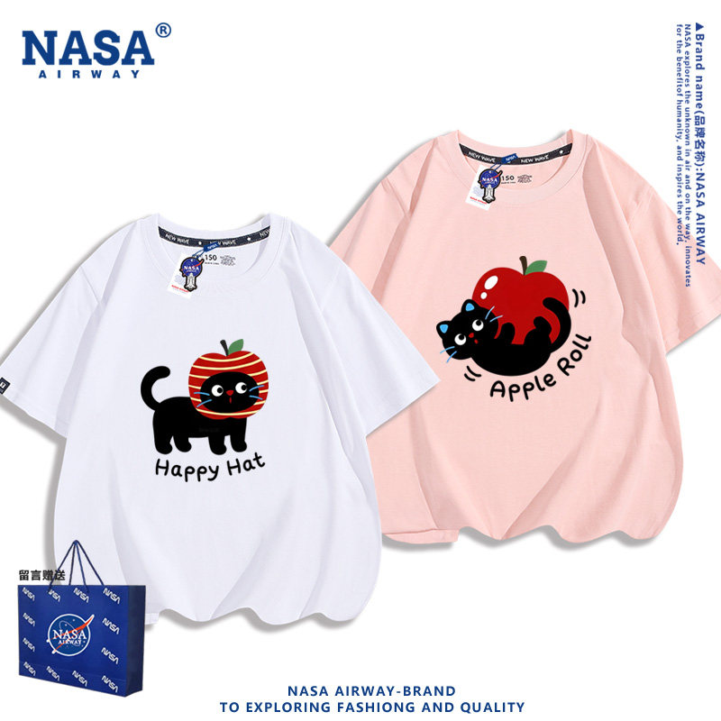 NASA联名苹果小黑猫卡通图案儿童吊带男女纯棉背心无袖T恤夏季上