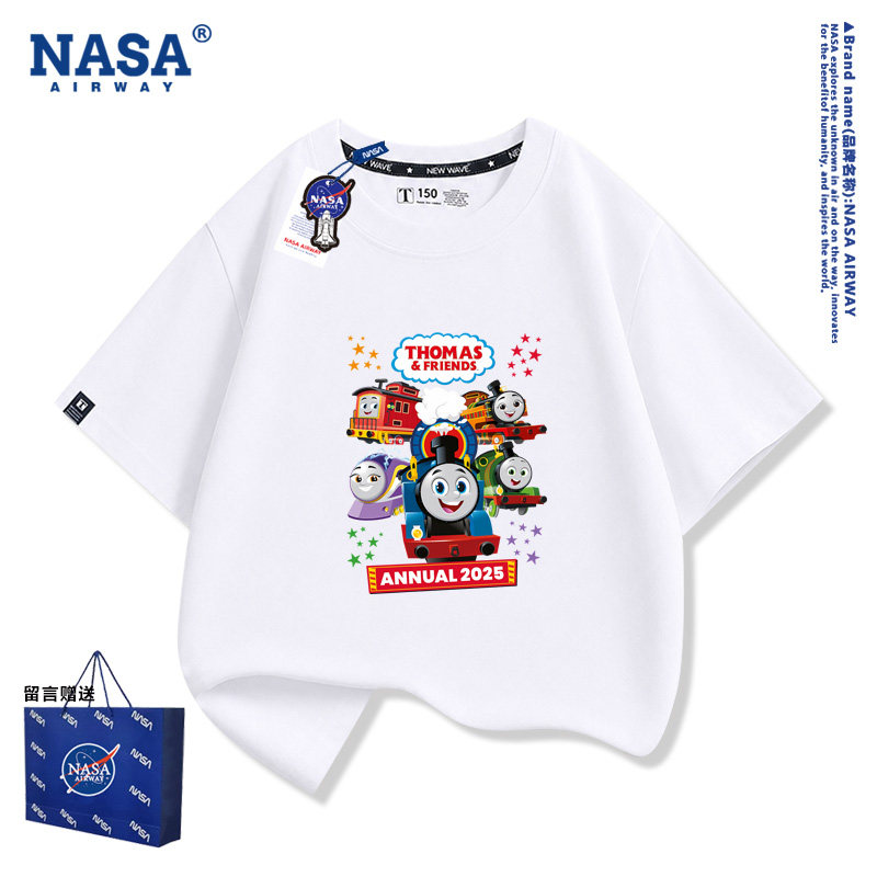 NASA联名托马斯小火车卡通图案儿童周边男女纯棉短袖T恤夏季半袖