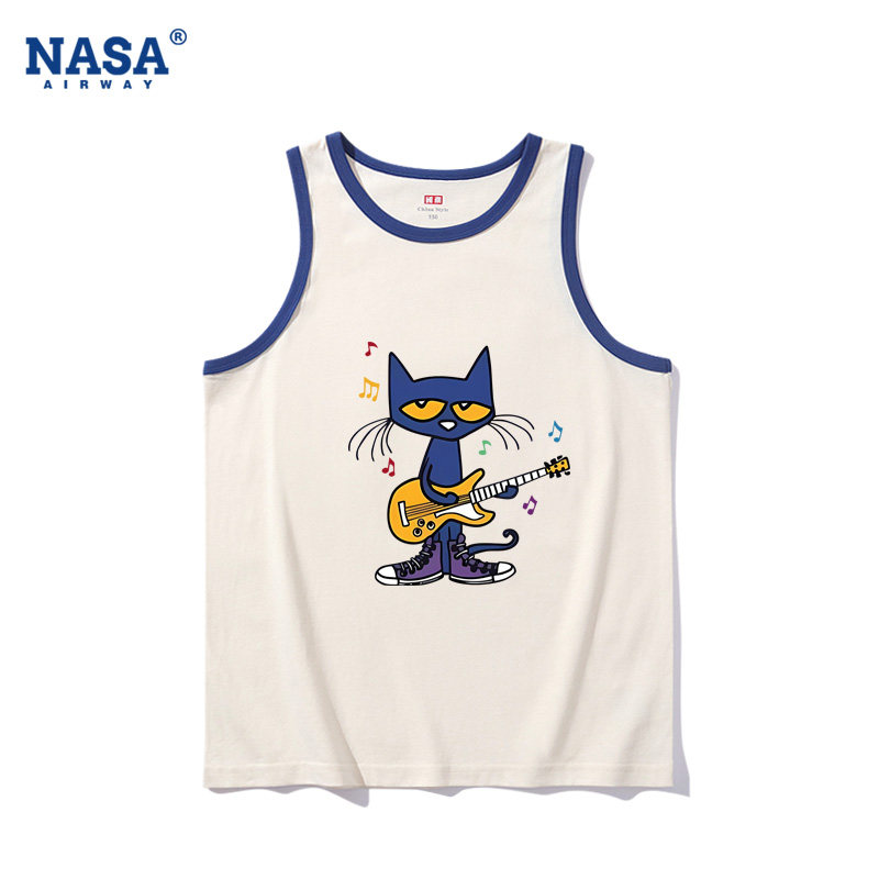 NASA联名美式复古卡通皮特猫儿童男女纯棉背心夏季无袖T恤上衣服