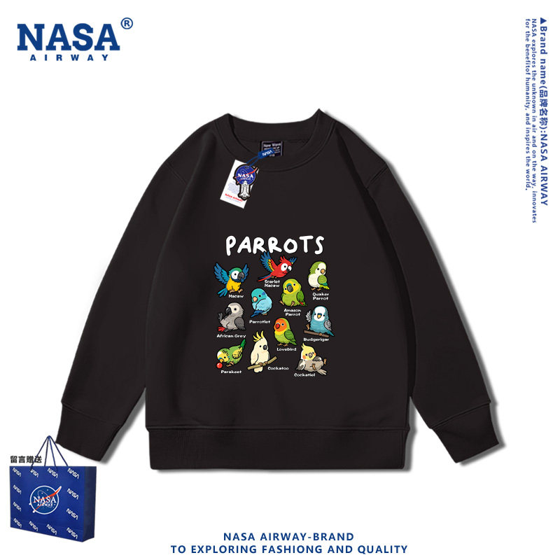 NASA联名小鹦鹉卡通印花图案男女秋冬款圆领卫衣套头加绒长袖上衣