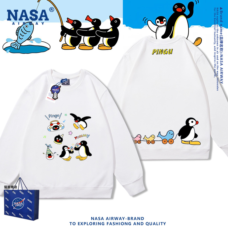NASA联名企鹅家族pingu动漫周边亲子装春秋男女圆领卫衣上衣新款