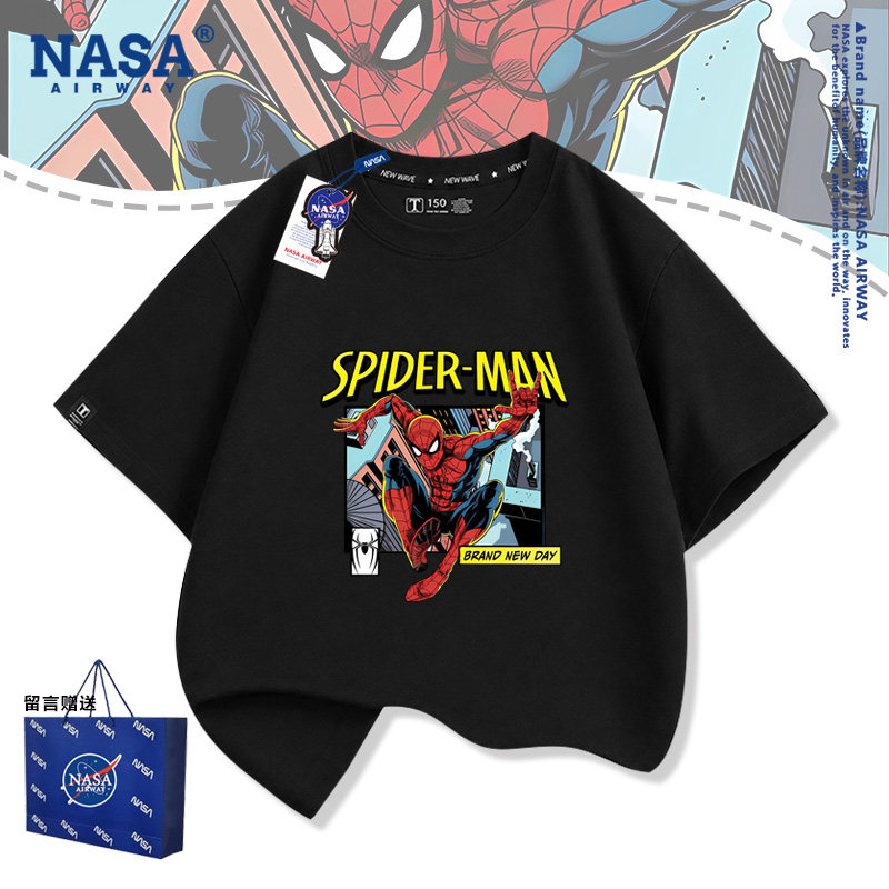 NASA联名蜘蛛侠电影周边卡通图案儿童男女纯棉短袖T恤夏半袖上衣