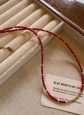 国风复古安可拉红色串珠碎银项链