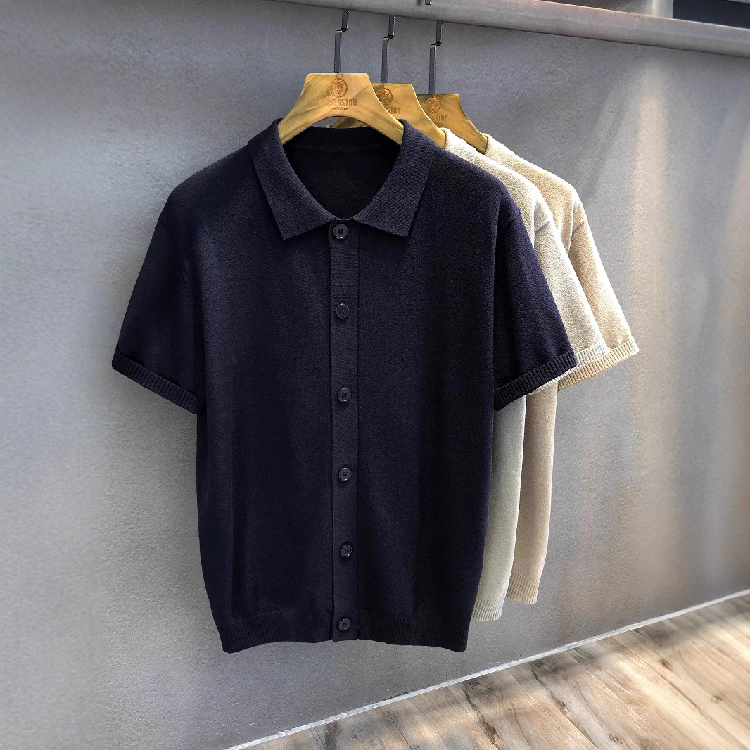 慵懒风衫通勤休闲慵懒短袖翻领针织开衫男士青年复古翻领春夏2025