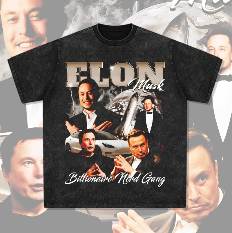 跨境Elon Musk印花短袖T恤Vintage长袖潮宽松百搭小领口重磅潮ins