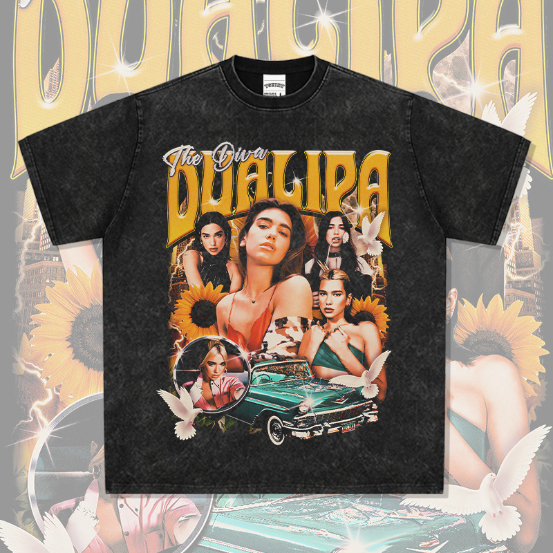 跨境美式复古嘻哈啪姐DUA LIPA印花短袖T恤重磅长袖圆领连帽卫衣