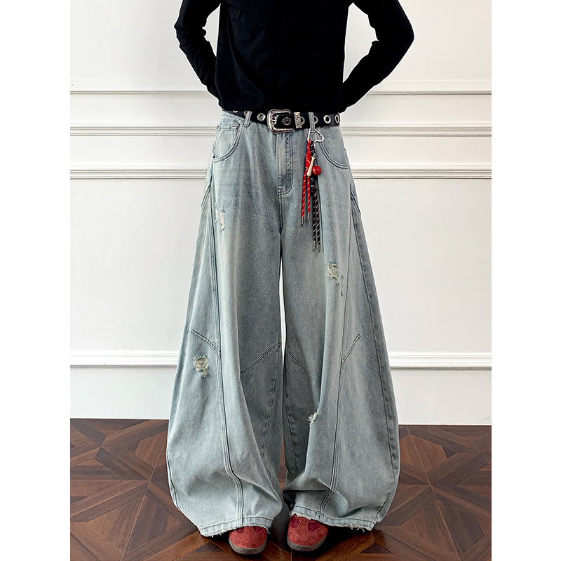复古蓝拼接弯刀牛仔裤男秋季美式高街破洞廓形工装裤子宽松