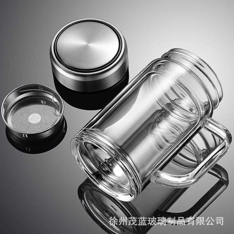 直销新款双层玻璃杯带把手泡茶杯办公便携带盖过滤水可印字现货水