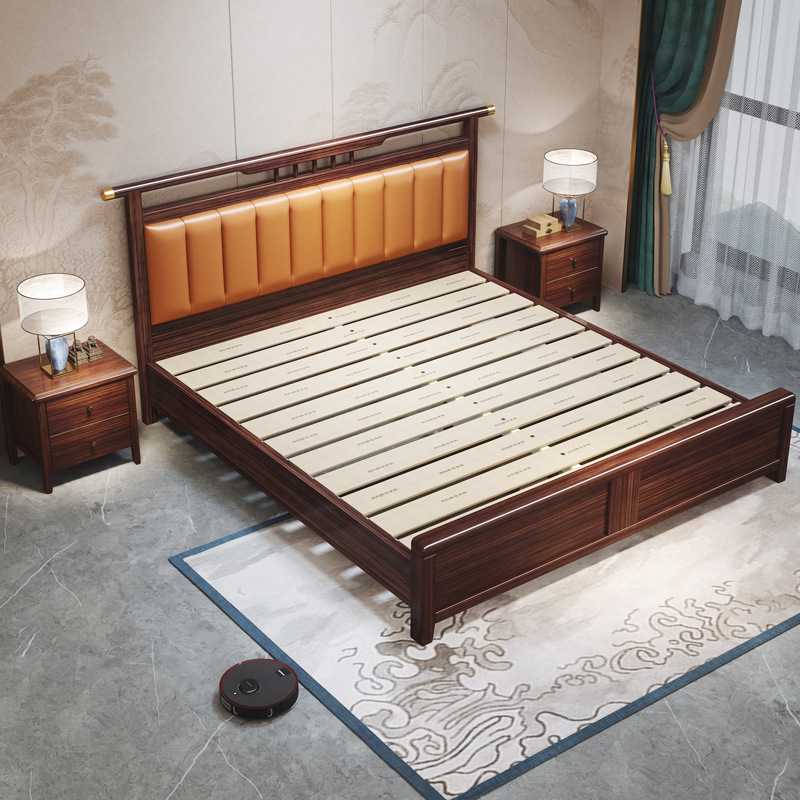 新款直销乌金木新中式实木床靠背软包双人床1.5m1.8米气压高箱储