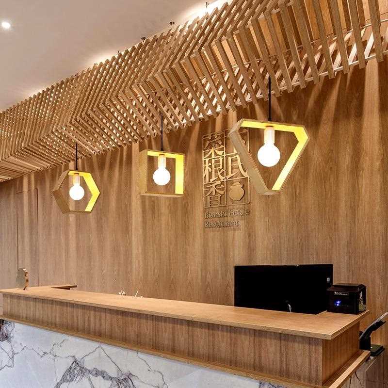 直销新款几何餐厅吊灯东南亚实木咖啡厅酒吧吧台灯火锅店木艺LED