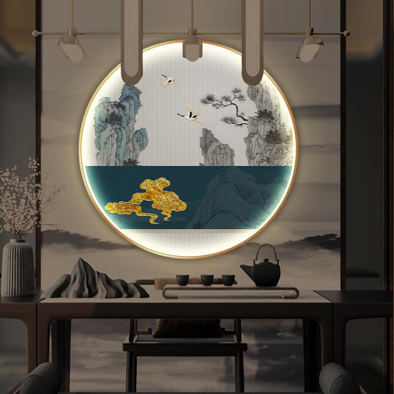 直销新款仙鹤图祥云画新中式围炉煮茶书房装饰画圆形LED灯发光挂