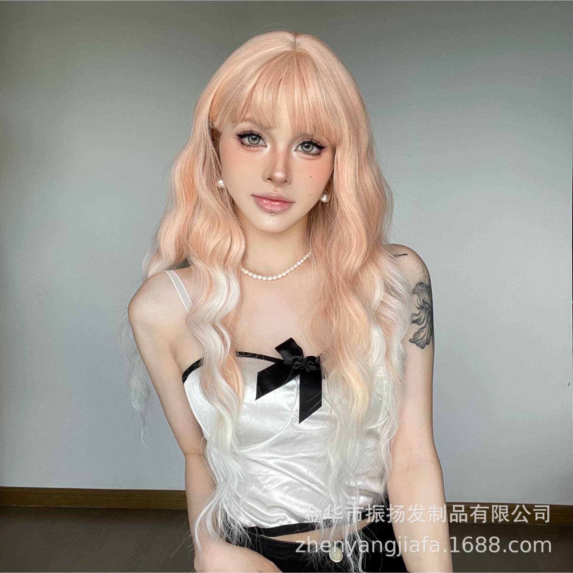 直销新款韩系假发女藕粉渐变长卷发网红空气刘海化纤长卷发全头套