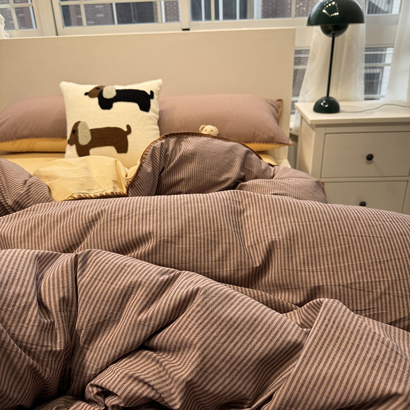 ins简约复古豆沙条床上四件套全棉纯棉1.5m1.8被套床单宿舍三件套