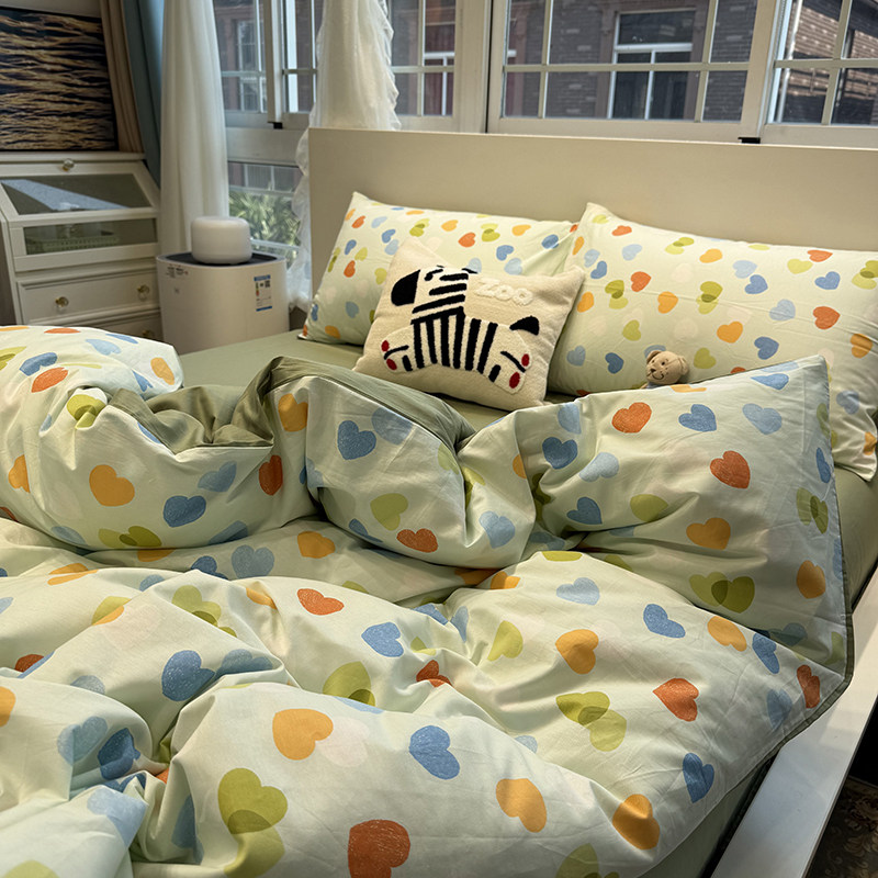 ins少女心多彩爱心全棉床上用品四件套纯棉被套床单笠宿舍三件套