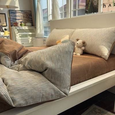 简约棕冬季ab面华夫格四件套