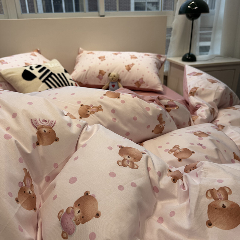 ins少女心爱心小熊全棉床上用品四件套纯棉被套床单笠宿舍三件套