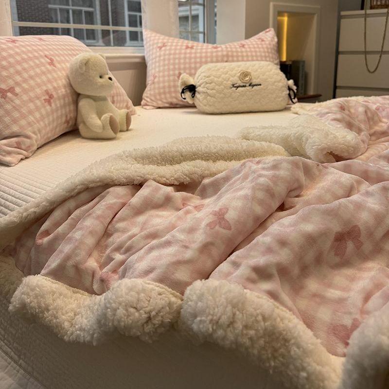 少女粉蝴蝶结羊羔绒休闲毯毛毯保暖双层加厚牛奶珊瑚绒被套盖毯子