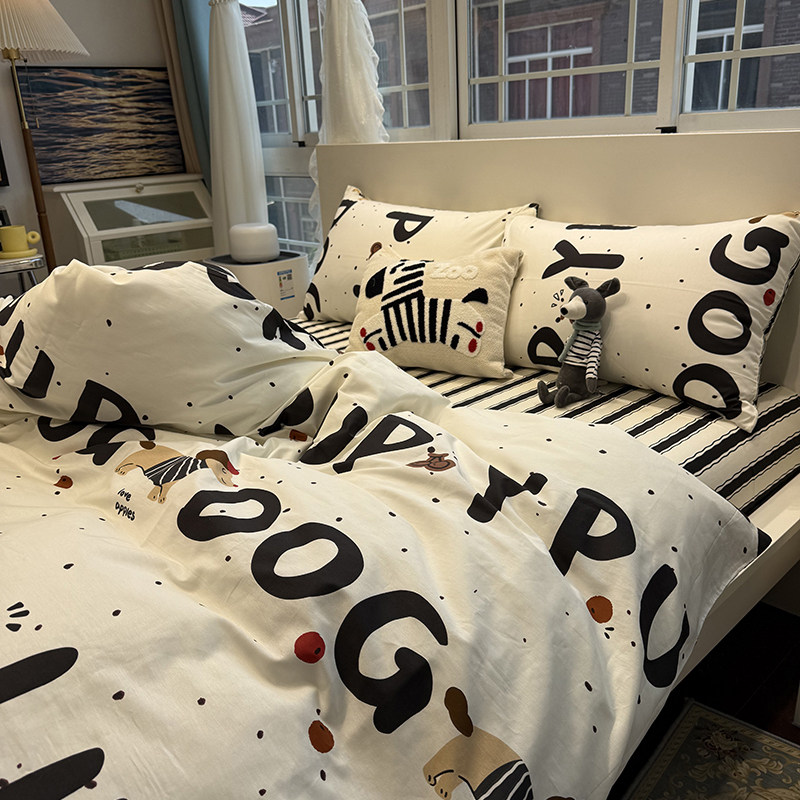 ins简约北欧字母狗床上四件套全棉纯棉1.5m1.8被套床单宿舍三件套